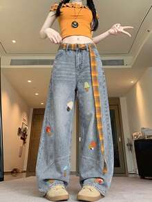 Cartoon Embroidered Plaid Belt Loose Wide Leg Curved Hem Jeans Casual Fall - Blue - View 2