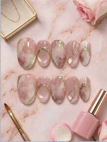 10Pcs Medium Round Handmade Reusable Press On Nails, Pink Watercolor Marble Cat Eye Base, Irregular Thin Gold Wire Curve Line Decor, Gentle Minimalist Luxury Korean Style False Nail Kit For Wedding Daily Dating Office - Pink - View 1