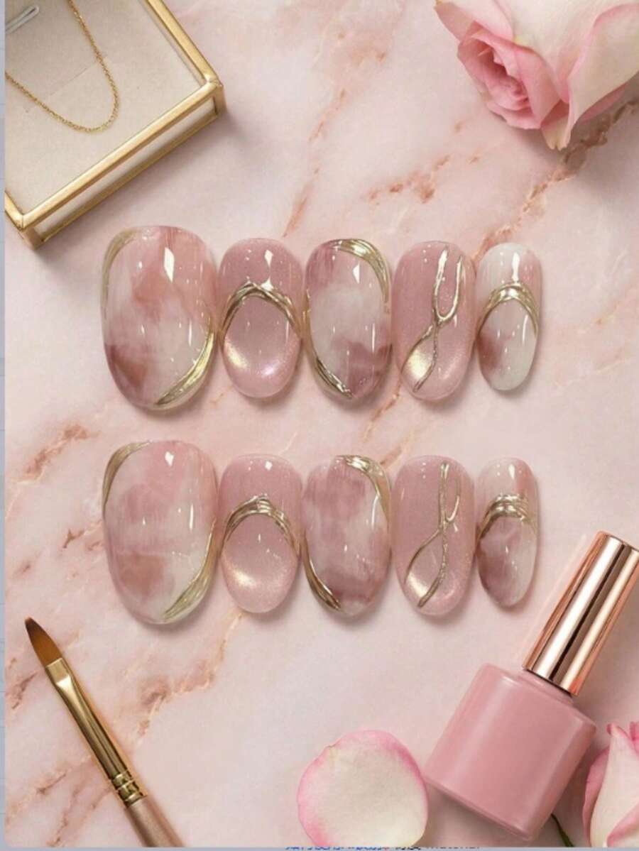 10Pcs Medium Round Handmade Reusable Press On Nails, Pink Watercolor Marble Cat Eye Base, Irregular Thin Gold Wire Curve Line Decor, Gentle Minimalist Luxury Korean Style False Nail Kit For Wedding Daily Dating Office - Pink - View 1