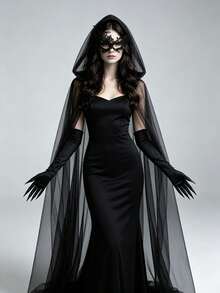 4-Piece Halloween Witch Costume Set With Cape, Gown, Gothic Gloves, Headpiece, Mask And Gloves, Suitable For Party, Cosplay, Role Play - Multicolor - View 2