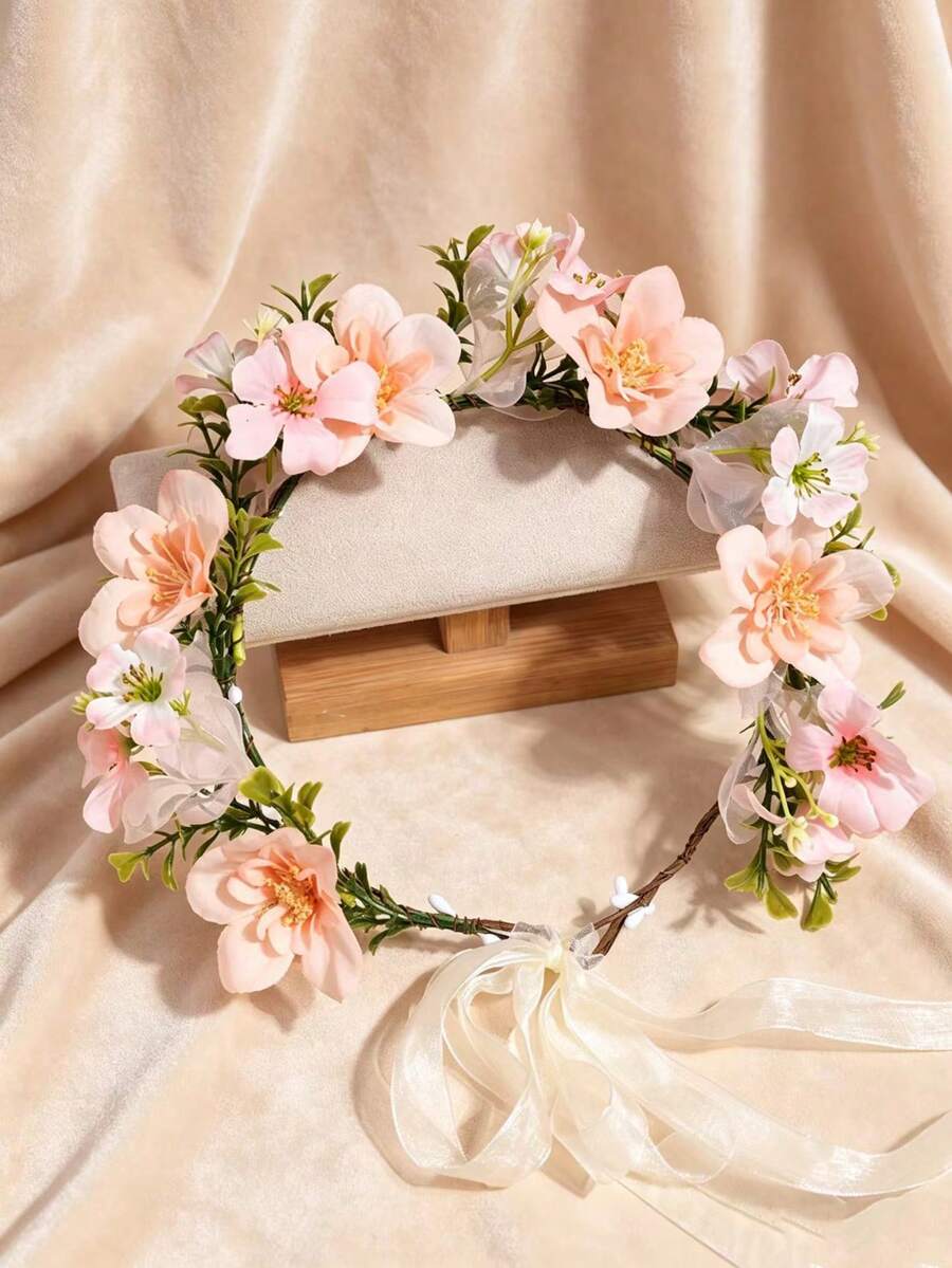 1件人造花仙女森系新娘婚季波希米亞風流蘇珠飾美學花冠 - 58807粉色 - 查看 1