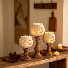 3 Tamaños de Soportes de Vela Pedestal de Calabaza Blanca en Capas, Soportes de Velas Tealight con Acabado Desgastado Jack O Lantern para Velas Tealight Estándar, Decoración de Centro de Mesa Rústica de Granja para Interior para Otoño Halloween Acción de Gracias Fiesta Exhibición del Hogar Regalo - multicolor - Ver 4