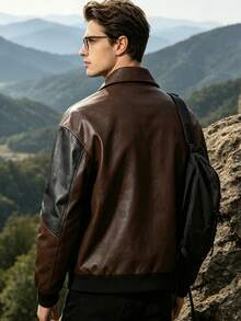 Men's Spring/Autumn Patchwork Motorcycle Leather Jacket, Vintage Lapel Outdoor Camping Cliffside Photo-Ready Versatile Jacket - Brown - View 3