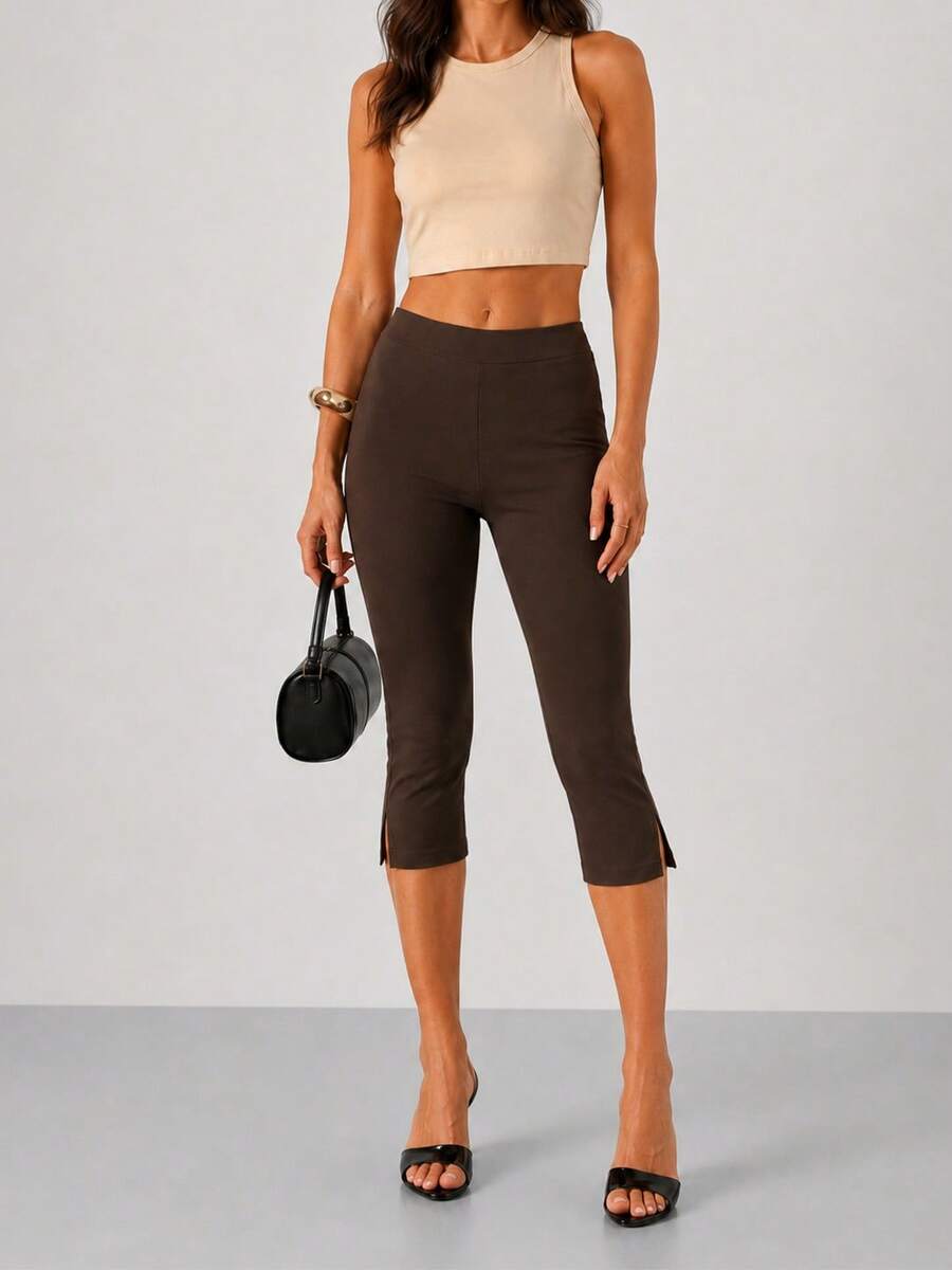 Women Solid High Waist Slim Fit Capri Pants - 棕色 - 查看 1