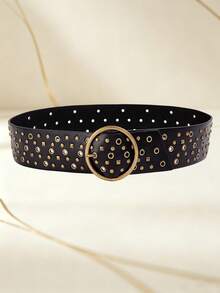 1PC Vintage Round Buckle Gold Rivet Wide Belt, Dark Punk Style PU Leather Belt, Halloween Outfit Decorative Waist Cincher - Studded Belt - View 5