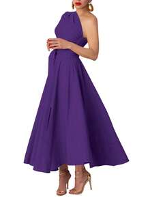 Women Asymmetric Neckline Slit Up To Thigh Elegant Sleeveless Dress, Solid Color Summer - Purple - View 4