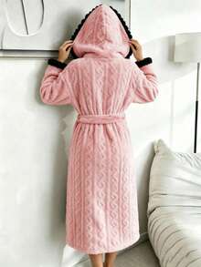 Spring Autumn Winter Thickened Long Sleeve Lace Patchwork Jacquard Cable Knit Plush Women's Robe Bathrobe - Pink - View 4
