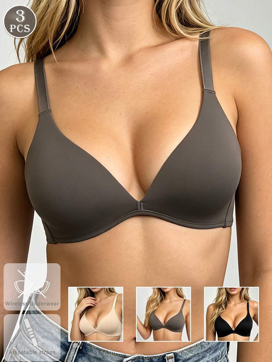 3pcs V-Neck Soft Cup Wireless Comfortable Solid Color Bras, Underwear For Women - Black - View 1