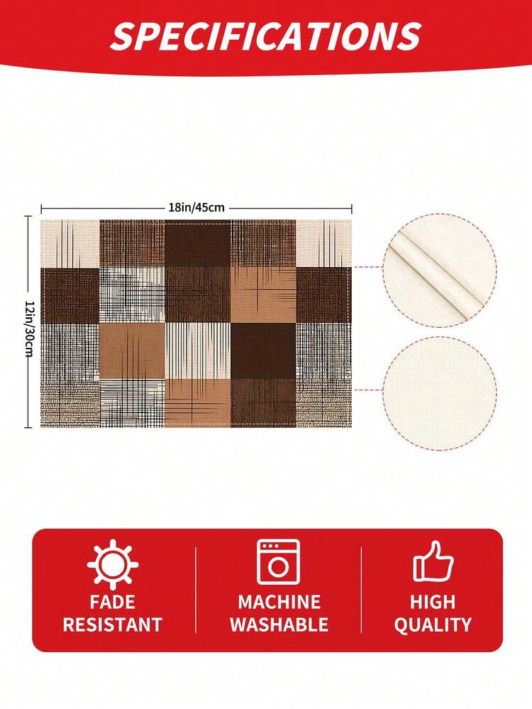 1pc Modern Minimalist Coffee Brown Geometric Patchwork Print Faux Linen Placemat, Vintage Plaid Rectangular Table Mat, Stain-Resistant And Easy To Clean, Suitable For Kitchen, Dining Room, Breakfast Table, Coffee Table And Daily Home Decor - Multicolor - View 6