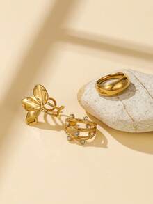 3pcs Women's Gold Open Ring Set, Butterfly Rhinestone Hollow Polished Stackable Adjustable Rings, Closed Ring Size Options, Versatile Jewelry For Daily Wear And Party - Yellow Gold - View 3