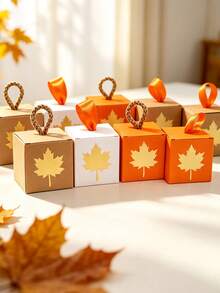 10pcs Autumn Maple Leaf Gift Boxes With Rope Or Ribbon Handle, Paper Favor Boxes For Thanksgiving, Harvest Festival, Friendsgiving, Wedding, Baby Shower, Birthday Party, Small Gift Packaging, Easy To Assemble - 5.5X5.5X5.5cm - View 4