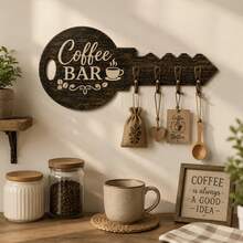 Home Coffee Bar Key Holder Wall Decor Self-Adhesive Wooden Key Rack 4 Hooks Kitchen Entryway Rustic Storage Organizer For Coffee Station Mudroom Home Accent Decor Coffee Lover Gift - Camel - View 3