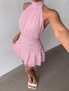 Elegante vestido mini con cuello halter, espalda descubierta y bajo con volantes en capas, color rosa - Rosa - Ver 4