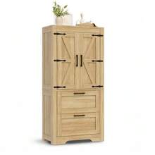 Rustic Style Kitchen Cabinet With 2 Drawers And Adjustable Shelves, Side Cabinet With Barn Door Design, Ideal As Storage Furniture For Kitchen, Dining Room And Living Room, Natural Wood Color. - Khaki - View 8