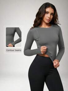NcmRyu Women's One PC Solid Color Crew Neck Fitted Sports Long Sleeve - Grey - View 1