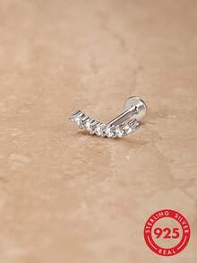 1pc S925 Sterling Silver European & American Niche Design Geometric Curved Single Row Rhinestone Straight Bar Piercing Stud Earrings, Fashionable Exquisite Luxury Minimalist Elegant High-End Jewelry For Women, Suitable For Commuting, Dating, Travel, Party, Versatile Fresh Unique Accessory - Geometry - View 3