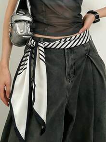 1件復古黑白條紋長圍巾腰帶，女士裝飾腰部配件，優雅時尚，2026春季新品 - 彩色 - 查看 3