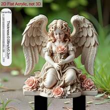 1pc 2D Flat Outdoor Acrylic Stake Sign, 8 Inch Pointed Bottom Decorative Angel Sculpture With Rose, Suitable For Flower Bed Decoration And Yard Ornament, Garden And Yard Decor, 2D Flat Style - Angel - View 4