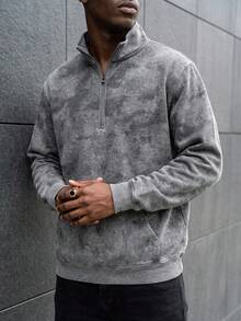 Men's Stand Collar Fashion Half-Zip Warm Outerwear Pullover Sweatshirt With Large Pockets - Grey - View 3