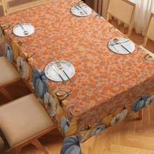 1pc Fall Blue White Pumpkin Floral Border Waterproof Tablecloth, Soft Rustic Autumn Small Flower Rectangular Table Cover, Farmhouse Thanksgiving Home Decor - Coral Orange - View 4