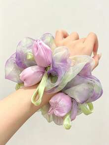 1pc Light Purple Tulip Mesh Scrunchie, Mori Style Gradient Organza Satin Flower Hair Tie, Gentle Girl Hair Accessory - Mauve Purple - View 3