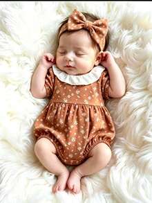 Summer Baby Girls Floral Romper, Khaki Short Sleeve Ruffle Collar + Headband, Versatile Set - Coffee Brown - View 1