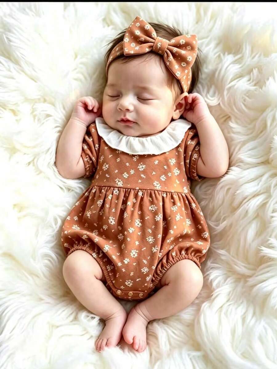 Summer Baby Girls Floral Romper, Khaki Short Sleeve Ruffle Collar + Headband, Versatile Set - Coffee Brown - View 1