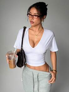 Solid Color Deep V-Neck Ruched Short Sleeve Cropped Top, Casual Slim Fit Fitness T-Shirt - White - View 1