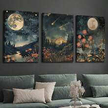 3pcs Unframe Canvas Print Decorative Painting, Botanical Floral Plants, Mystical Style, Moon, Wildflowers, Mountains, Streams, Retro Celestial Art, Indoor Home Wall Decoration Art - A - View 4