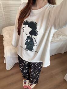 Gongdie 2pcs Snoopy Women's Pajama Set, Spring/Autumn White & Black Soft Cotton Loungewear With Argyle Pattern And Pearl Print - Black and White - View 5
