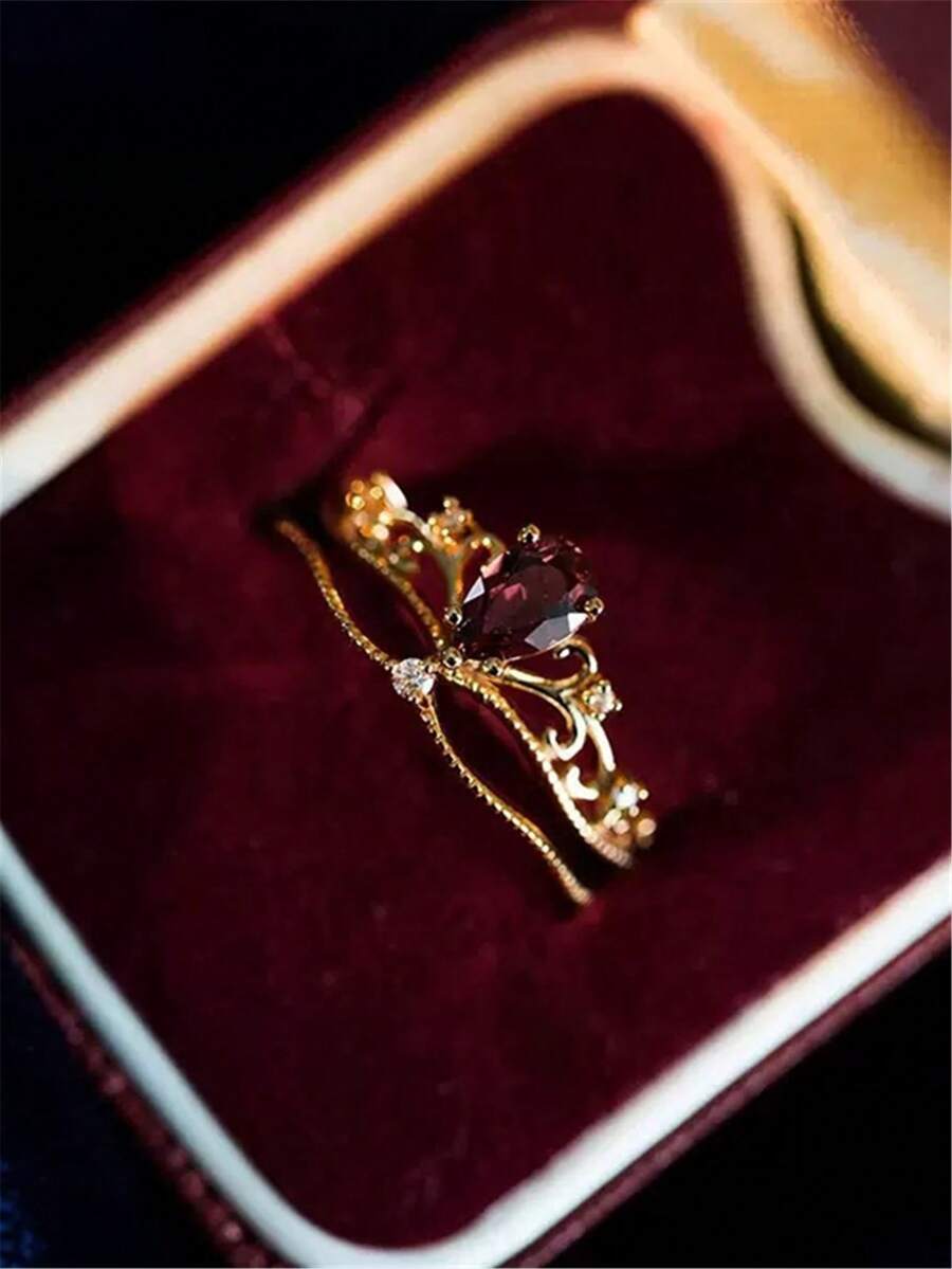 2pcs Women's Wedding Rings, Hong Kong Style Vintage Burgundy Elegant Alloy Cubic Zirconia Rings, Suitable For Daily Wear, Party, Date, Gift, Mother's Day - Red - View 1
