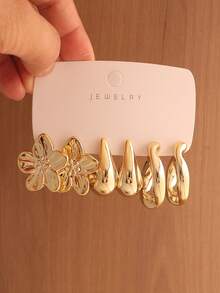 6/18PCS Fashionable Elegant Floral Geometric Textured Metallic Earring Set Suitable For Party, Banquet, Travel, Wedding, Vacation, Daily Wear Jewelry Gift (Lightweight ABS Material, Non-Fading) - Gold - View 4
