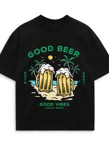 Tops Beer Atmosphere Slogan Men's Casual Loose Short-Sleeve Unisex Summer T-Shirt - 黑色 - 查看 1