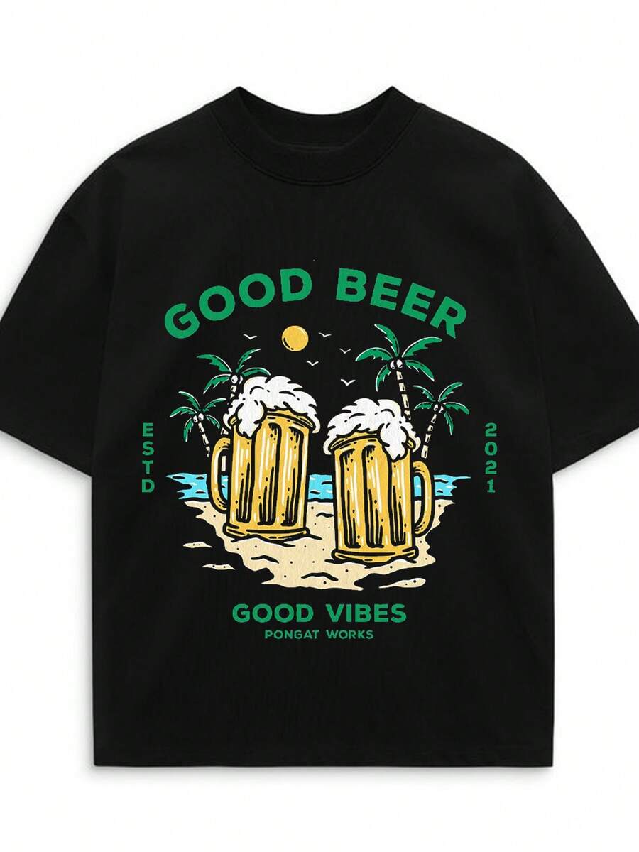 Tops Beer Atmosphere Slogan Men's Casual Loose Short-Sleeve Unisex Summer T-Shirt - 黑色 - 查看 1