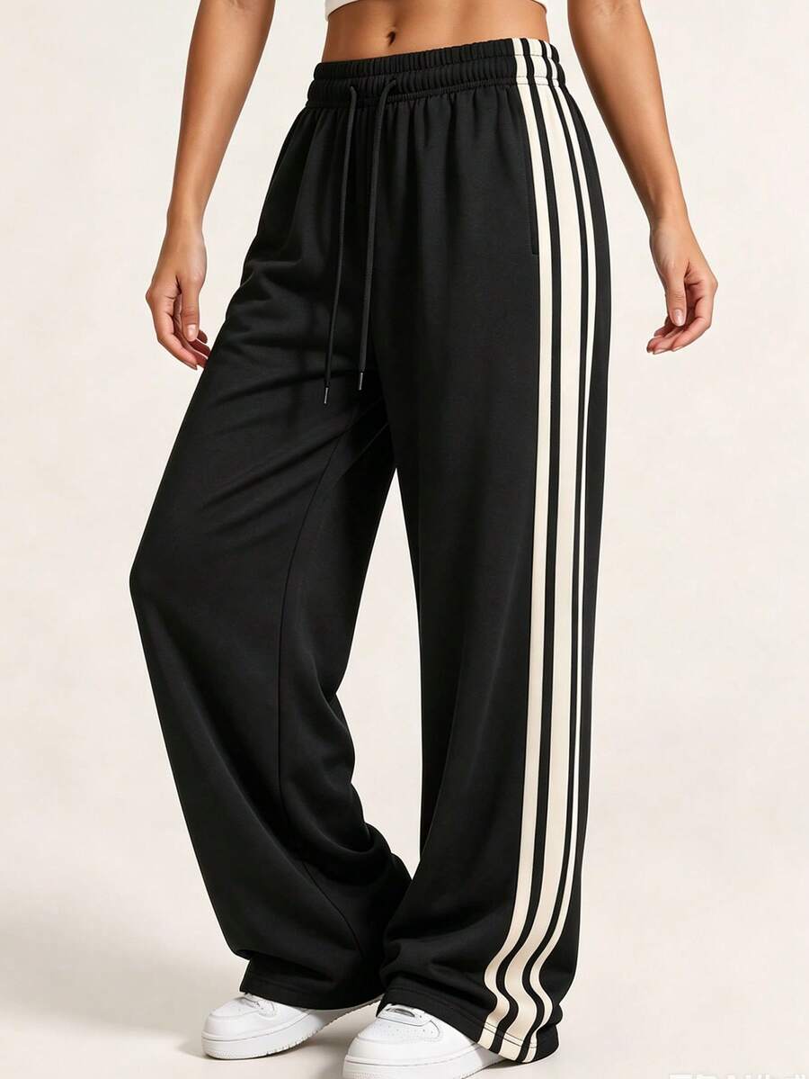 1pc Women's Spring/Summer Soft Comfortable Breathable Striped Running Fitness Casual Sweatpants - Black - View 1