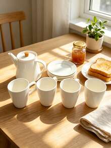 White Vertical Striped Ceramic Tea Set, Includes One Pot, Four Cups And Saucers, Smooth Ceramic Easy To Clean, Minimalist Solid Versatile Style, Suitable For Tea Room Display, Coffee Serving And Entertaining Relatives And Friends For Afternoon Tea. - Multicolor - View 4