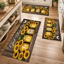 1pc Country Farmhouse Sunflower HOME Letter Print Kitchen Mat, God Bless Our Home Wood Grain Butterfly Pattern Polyester Doormat Floor Rug, Suitable For Kitchen, Entryway, Living Room, Bedroom And Home Decor - Multicolor - View 1