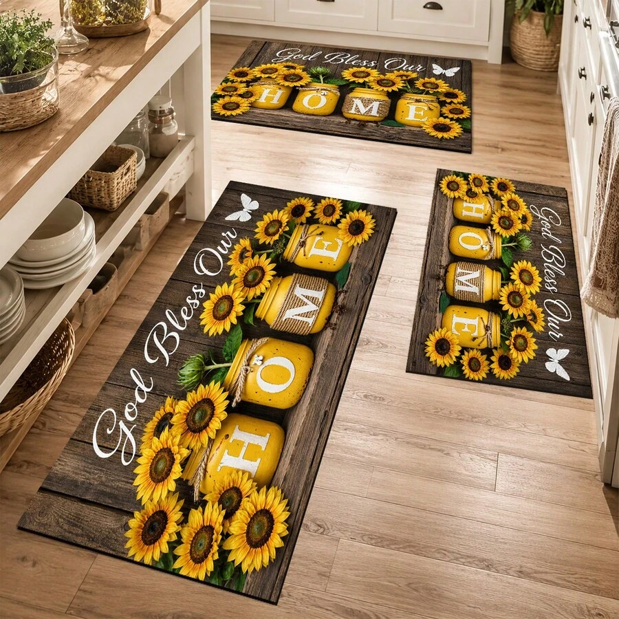 1pc Country Farmhouse Sunflower HOME Letter Print Kitchen Mat, God Bless Our Home Wood Grain Butterfly Pattern Polyester Doormat Floor Rug, Suitable For Kitchen, Entryway, Living Room, Bedroom And Home Decor - Multicolor - View 1