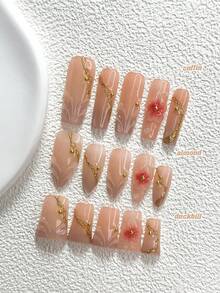 10件裝溫柔優雅風手工穿戴甲，Polygel美甲套組，手繪花卉圖案，紅金配色，奢華風格，含美甲工具，3種尺寸可選，杏仁/鴨嘴/棺材形，適合派對、跳舞、日常配戴 - 彩色 - 查看 1