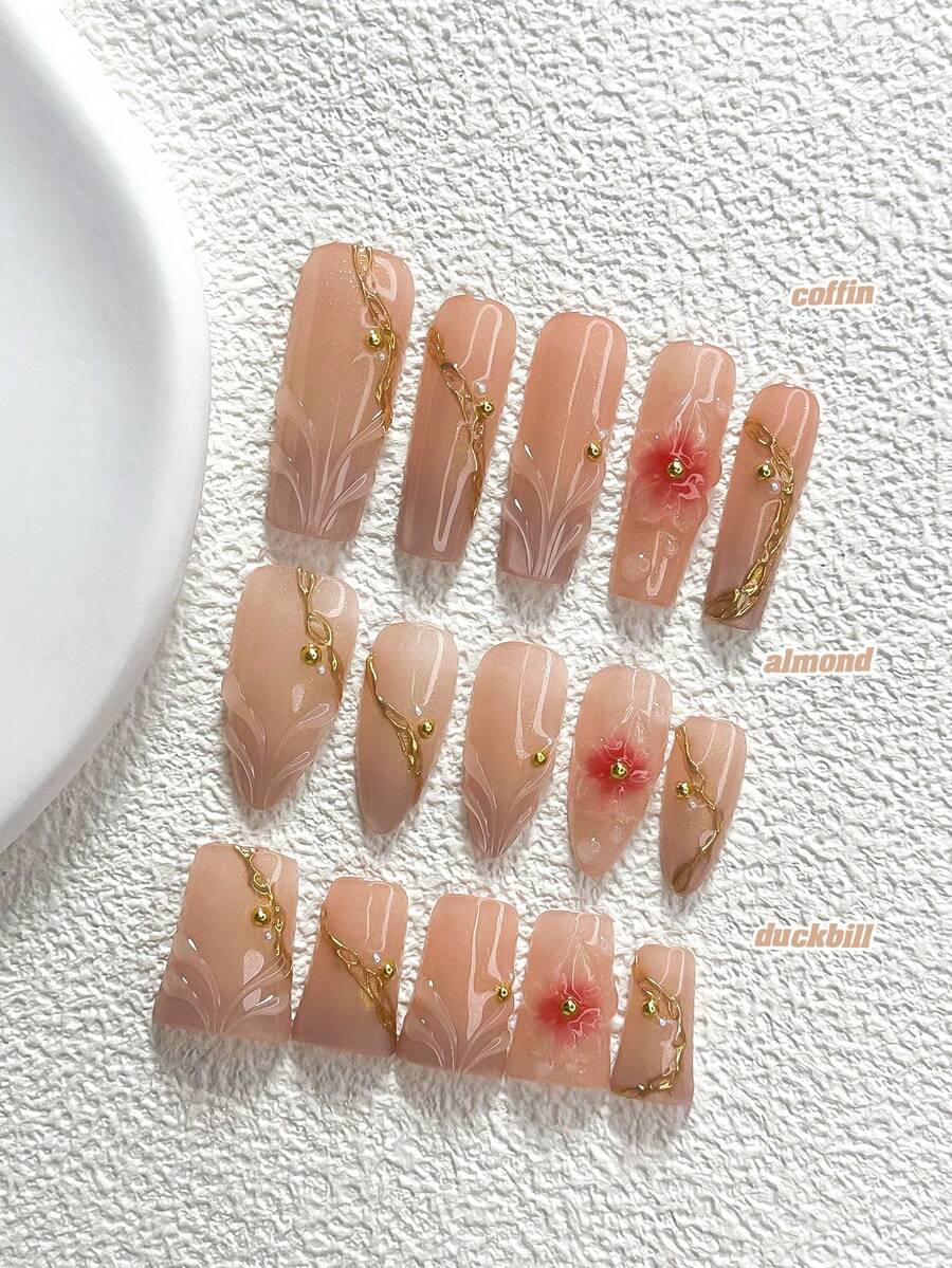 10件裝溫柔優雅風手工穿戴甲,Polygel美甲套組,手繪花卉圖案,紅金配色,奢華風格,含美甲工具,3種尺寸可選,杏仁/鴨嘴/棺材形,適合派對、跳舞、日常配戴 - 彩色 - 查看 1
