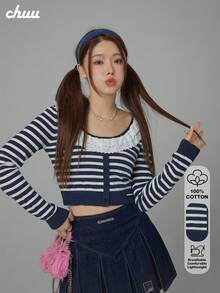 CHUU Solid Color Knit Ruffle/Lettuce Trim Sweater, Holiday Daily Date Back To School Party Autumn/Winter Pullover - Navy Blue - View 1