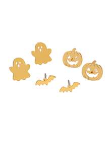 3pcs Gold Metal Ghost Bat Pumpkin Delicate Gothic Fun Jewelry Set Suitable For Party Luxury Banquet - Yellow Gold - View 7