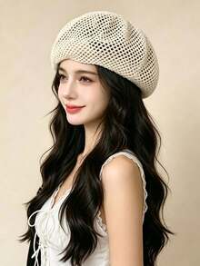 1pc Woven Hollow Knit Beret, Women's Artist Beret, Breathable And Cool For Summer Outings, Suitable For Daily Wear And Vacation - White - View 3