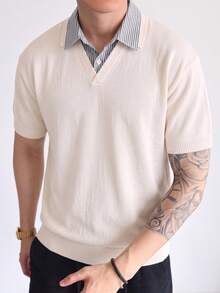 GRKC Men's Short Sleeve Knit Polo Shirt, Polo Collar, Loose Straight Fit, 2 In 1, Casual Commuter Style, Spring/Summer Top - Apricot - View 1