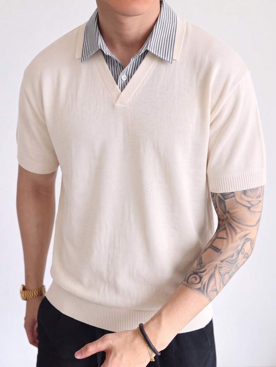 GRKC Men's Short Sleeve Knit Polo Shirt, Polo Collar, Loose Straight Fit, 2 In 1, Casual Commuter Style, Spring/Summer Top - Apricot - View 1