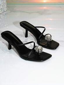 Sapatos de Salto Alto Stiletto com Bico Quadrado Preto Vintage para Mulheres, Sandálias de Salto Alto com Tira Fina, Bico Aberto e Tira Entre os Dedos, Enfeitadas com Lantejoulas e Strass Glamourosas, Estilo Elegante para Festa, Encontro, Ocasiões de Boate - Preto - Visão 2