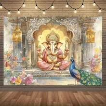 1 Oversize Background Banner With Bright Watercolor Temple Pattern, Containing Peacock And Flower Elements, Durable Polyester Fabric Is Suitable For Indoor And Outdoor Decoration Of Wedding And Birthday Parties Without Electricity. - 1 - View 1