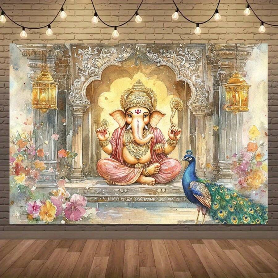 1 Oversize Background Banner With Bright Watercolor Temple Pattern, Containing Peacock And Flower Elements, Durable Polyester Fabric Is Suitable For Indoor And Outdoor Decoration Of Wedding And Birthday Parties Without Electricity. - 1 - View 1