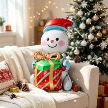 1pc 3D Christmas Snowman Foil Balloon With Santa Hat Holding Gift Box Design, Xmas Holiday Party Decor, Indoor Outdoor Aluminum Balloons Supplies, Festive Photo Backdrop Prop, New Year Celebration Decor - Multi-color - View 3