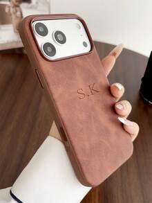 [Customized] Personalized Customized Letters Name Simple Little Sheepskin Pattern Faux Leather Phone Case Compatible With IPhone 17 Pro Max 17 16 15 14 13 Pro Max Shockproof Protective Cover - Brown - View 10